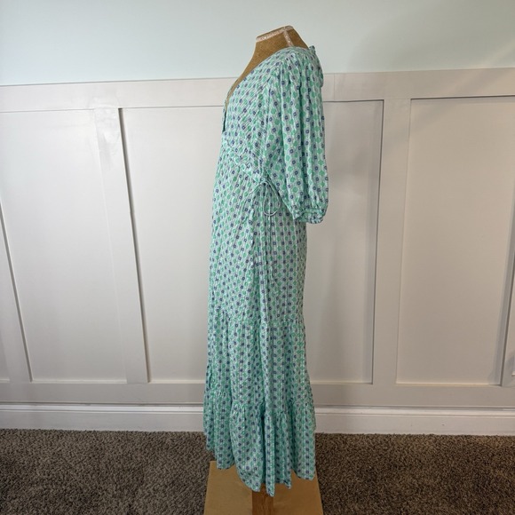 Mango MNG Maxi Dress SMALL Green Open Back Cotton Geometric Tiered Deep V Neck - Picture 4 of 11
